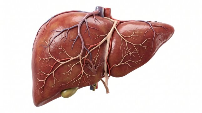 Anatomical 3d render of the human liver with portal vein, hepatic artery, and gallbladder isolated on white background
