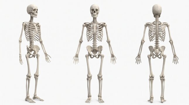 Human skeleton in three different views isolated on white background
