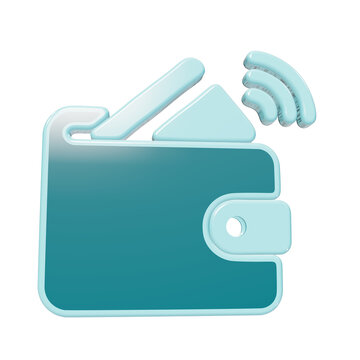 3D icon of a teal wallet with a credit card inserted and a light blue wireless signal symbol, isolated on a solid black background