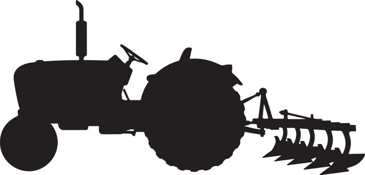 Black Tractor Silhouette With Plow Isolated On White Background Illustration