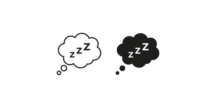 Sleep thought bubble icon with zzz letters in outline and solid black styles for night time relaxation or rest concepts.