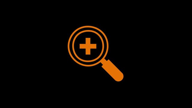 A simple, flat orange magnifying glass icon with a plus (+) symbol inside the lens, set against a solid black background. The design represents zoom-in, search, magnification,