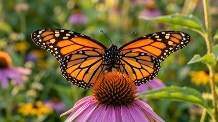Obraz premium Monarch butterfly rests upon a pink echinacea flower in a vibrant garden setting