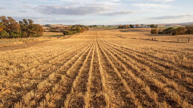 Harvested agricultural field with stubble rows, rolling hills, scattered trees, farm buildings, partly cloudy sky, rural landscape showing textures and patterns of harvest season.