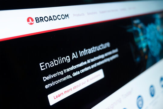 Mexico city, mexico, 10 20 2025: broadcom website displaying ai infrastructure technology on screen