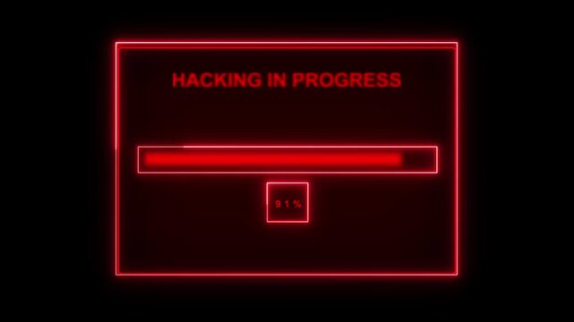 Hacking progress bar animation displays red neon metrics. Security alerts flash on the hacking progress bar animation. System danger tracks through this progress bar animation.