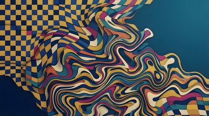Obraz premium Abstract colorful wavy checkered pattern with distorted liquid shapes