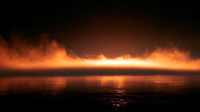 A cinematic black and orange Halloween background with orange fog rolling over a black reflective floor, subtle mirrored highlights, distant darkness, atmospheric depth
