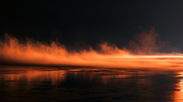 A cinematic black and orange Halloween background with orange fog rolling over a black reflective floor, subtle mirrored highlights, distant darkness, atmospheric depth