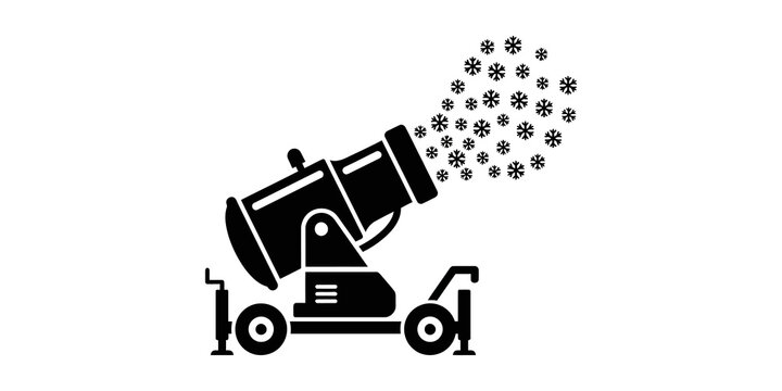 Snow cannon blowing out snowflake patterns as winter weather machinery for ski resort snowmaking illustration.