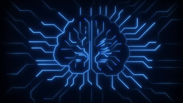 Brain circuit board animation pulses with glowing blue AI. Artificial intelligence guides the brain circuit board animation. Neural computing hardware powers this board animation.
