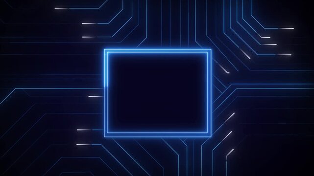Circuit board animation pulses around a square center frame. Hardware data flows through this circuit board animation. Motherboard computing powers this dynamic board animation.