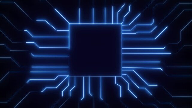 Circuit board lines animation displays blue cyber pathways. Digital computing flows along this circuit board lines animation. Motherboard technology powers the lines animation.