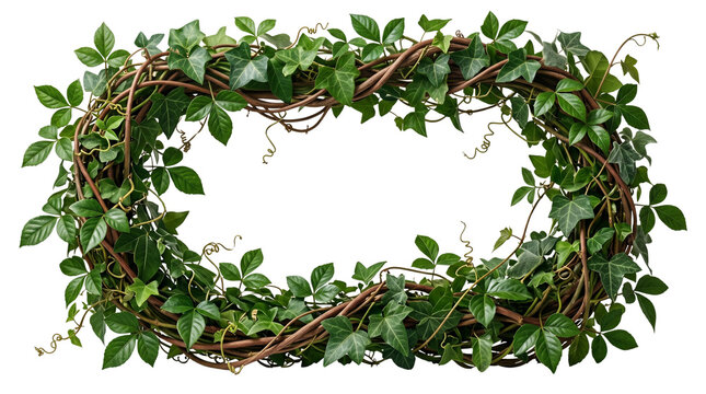 Rustic ivy wreath frame with green leaves and brown vines, natural botanical border for wedding invitations, organic oval foliage garland isolated PNG with Transparent Background