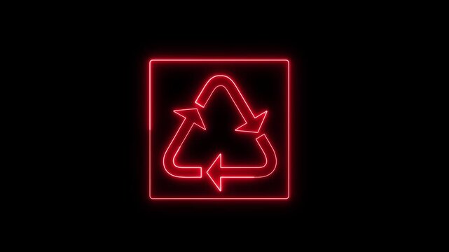 Recycle symbol animation glows in red neon inside a border. Waste sustainability concepts guide recycle symbol animation. Environmental graphics use this active symbol animation.