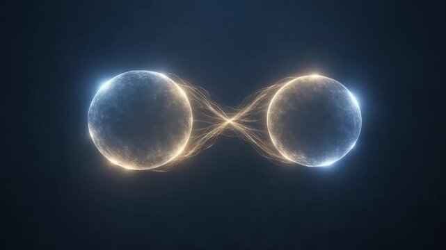 Quantum entanglement concept with two glowing spheres linked by golden energy threads