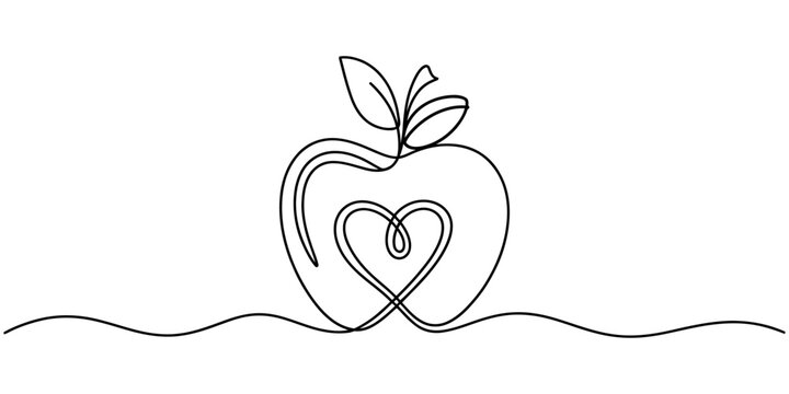 Continuous single line drawing of an apple with a heart shape inside isolated on a white background Vector, illustration