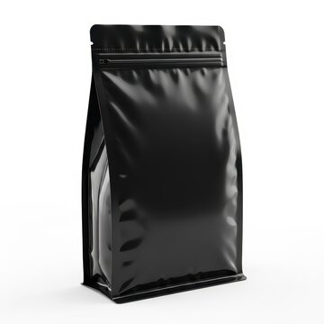 Black resealable coffee bean bag standing upright