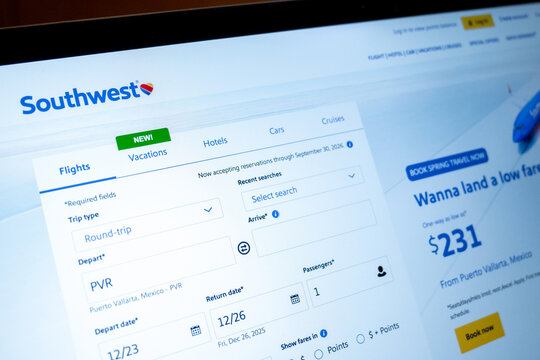 Mexico city, mexico, 12 27 2025: southwest airlines website displaying flight booking interface