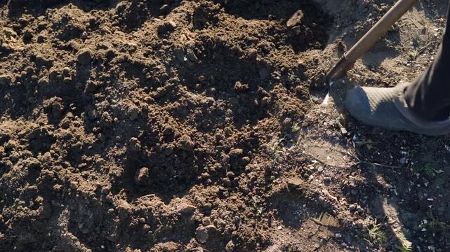 Digging garden soil with shovel in slow motion close-up