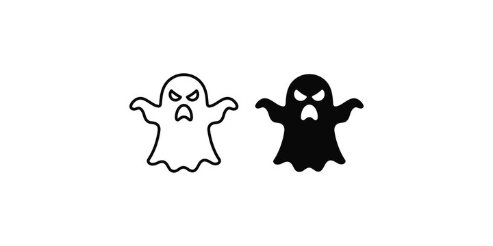 Scary ghost icons with evil facial expressions in outline and solid black silhouette styles.