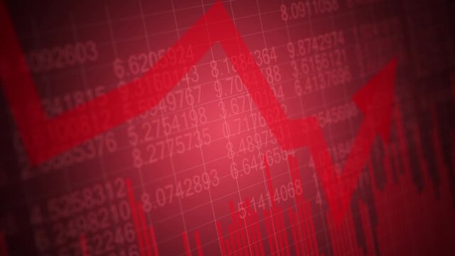 Financial market downturn concept with declining stock chart, red downward arrow and digital data display representing investment loss, recession, economic crisis and trading risk