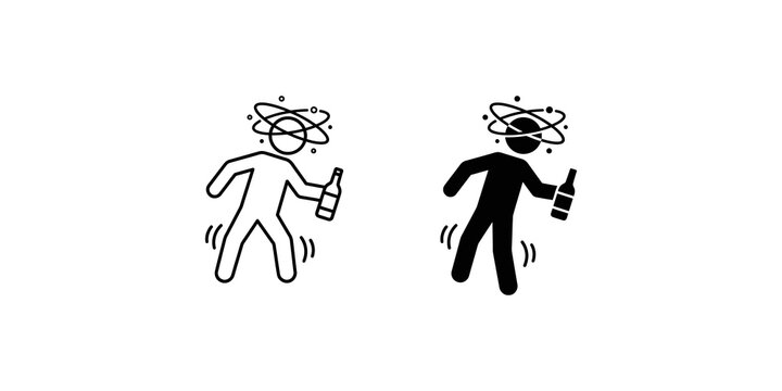 Drunk person holding bottle icon with dizzy head effect for alcohol awareness and substance abuse safety signage.