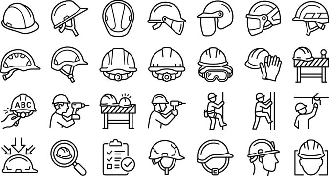Construction safety helmets occupational hard hats engineering PPE and site safety compliance linear outline icons vector illustration set.