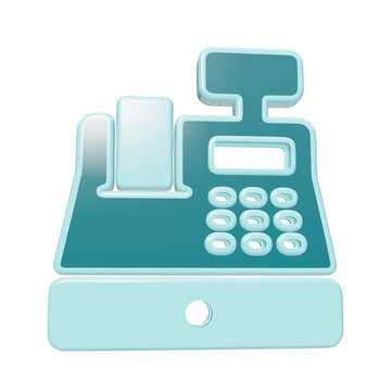 3D rendered icon of a teal cash register with a receipt printer, display screen, and numeric keypad, isolated on a solid black background