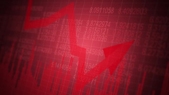 Financial market downturn concept with declining stock chart, red downward arrow and digital data display representing investment loss, recession, economic crisis and trading risk