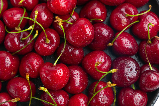 Fresh red cherries on display in a bowl showing droplets of water in a kitchen setting during daylight hours