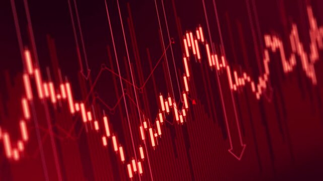 Global financial crisis concept with falling stock market ticker, declining economic chart and crumbling currency symbols representing debt, bankruptcy, recession and investment risk