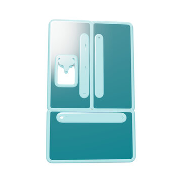 3D rendered icon of a teal french door refrigerator with a bottom freezer drawer, water dispenser, and light blue trim on a black background