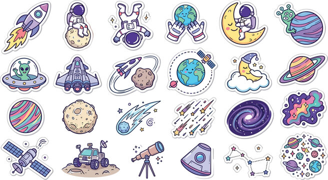 Cute cartoon outer space sticker collection funny astronauts rocket ships planets and alien ufo vector illustration patch set.