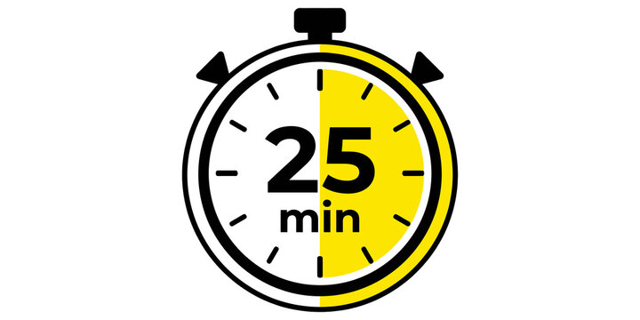 Stopwatch icon with yellow highlight indicating twenty five minutes duration for time tracking.