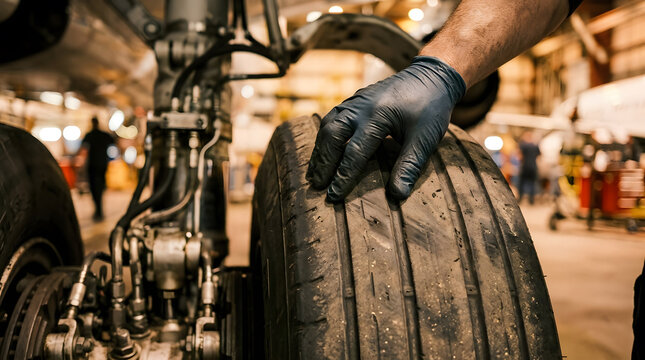 Aircraft mechanic hand in protective glove inspecting airplane landing gear tire for safety maintenance in a professional hangar workshop, close up shot showing technical aviation repair service