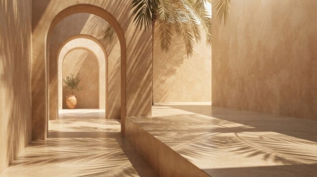 Sunlit Mediterranean courtyard with stone arches and tropical palm plants