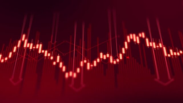Global financial crisis concept with falling stock market ticker, declining economic chart and crumbling currency symbols representing debt, bankruptcy, recession and investment risk