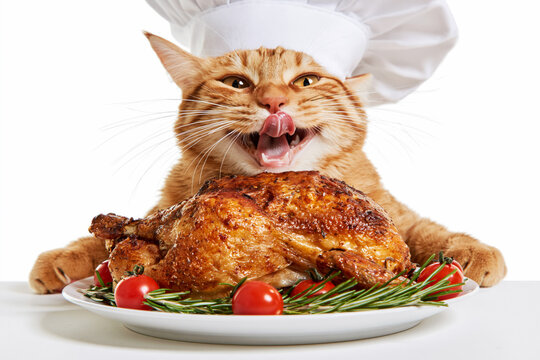 Cat in chef hat licking lips over roasted turkey with tomatoes