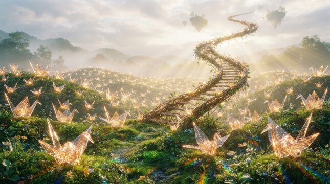 Many paper cranes flying over a green hill with a winding path