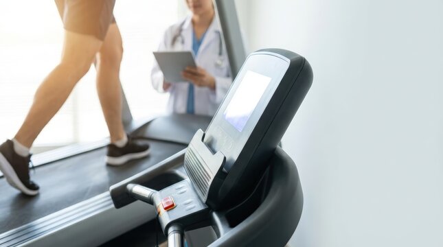 Treadmill console and runner during medical fitness assessment