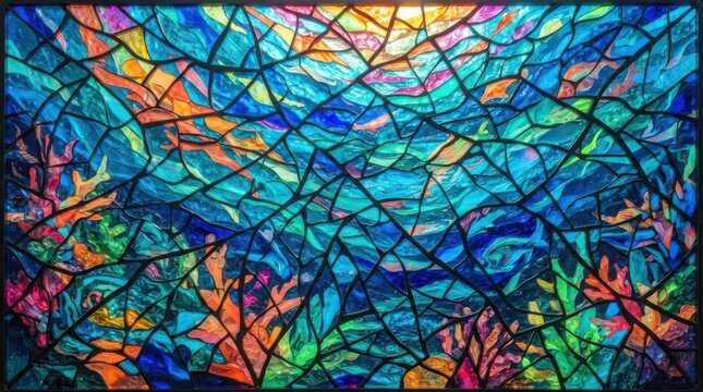 Colorful stained glass window pattern with mosaic abstract shapes
