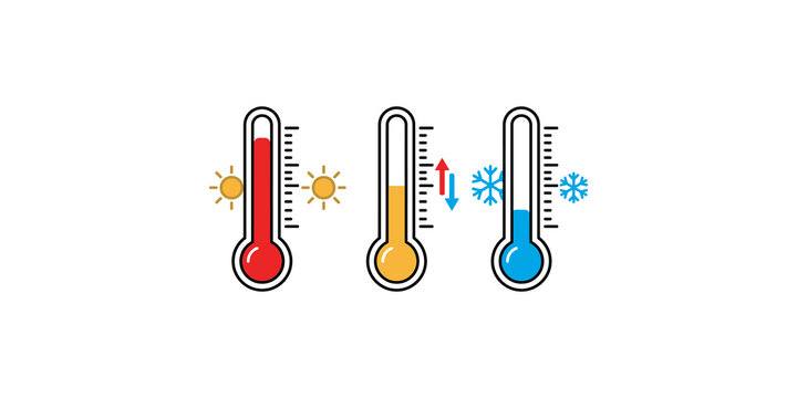 Three thermometers indicating temperature levels with sun and snowflake icons for climate control and weather monitoring concepts.