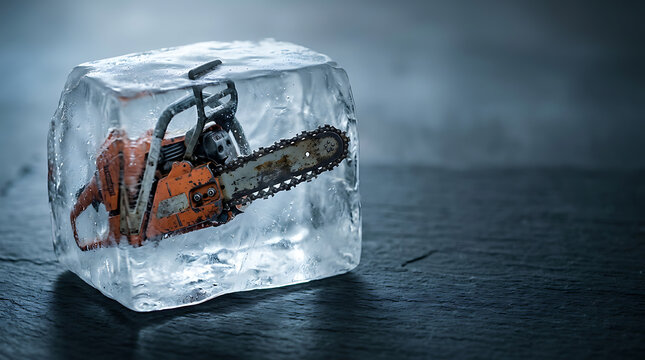 Orange chainsaw frozen inside a large block of clear ice