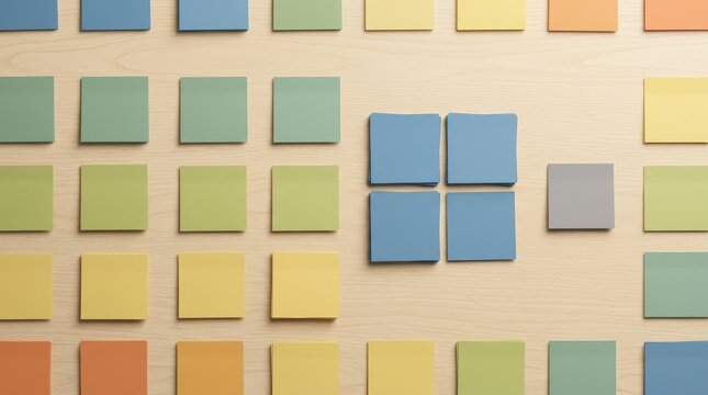 Colorful blank sticky notes arranged as a classroom seating chart on wood surface