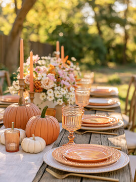 Outdoors Thanksgiving, Picnic table in the backyard with pumpkins, flowers, glasses and plates