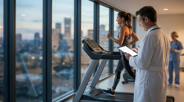 Female athlete undergoing treadmill stress test with doctor monitoring results