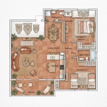 Illustrated 2d floor plan of a modern residential family house with apartment