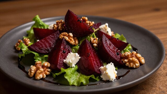 A vibrant beet salad topped with candied walnuts, crumbled goat cheese, and balsamic drizzle on a dark plate.