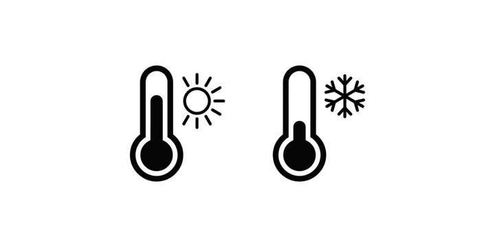 Thermometer icons with sun and snowflake symbols representing hot and cold temperature measurement for weather apps and HVAC systems.